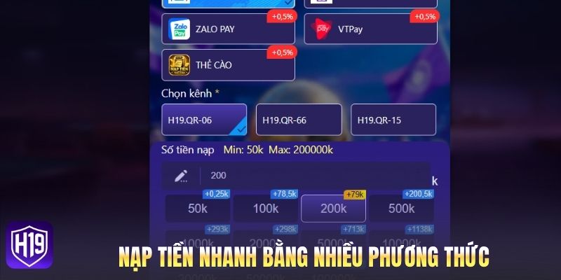 Nạp tiền nhanh bằng nhiều phương thức